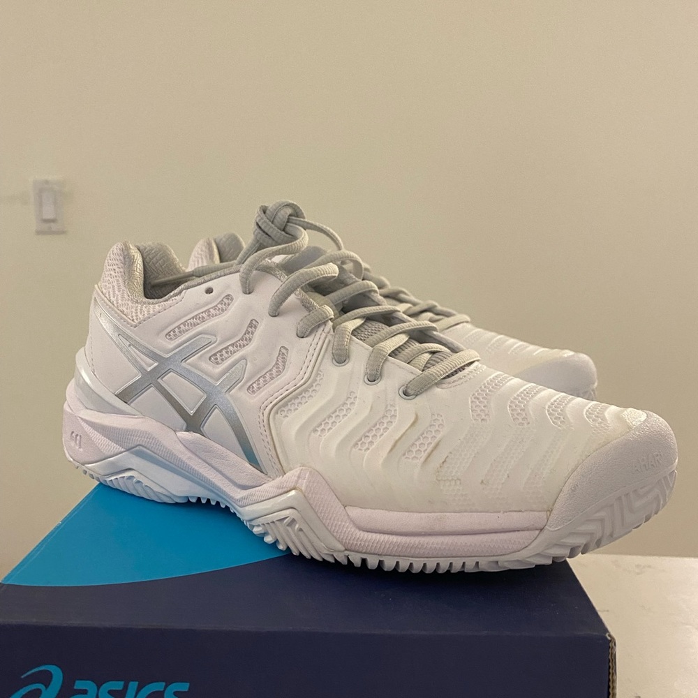 ASICS gel-resolution 7 clay tennis sneakers in white/silver NEW WITH BOX